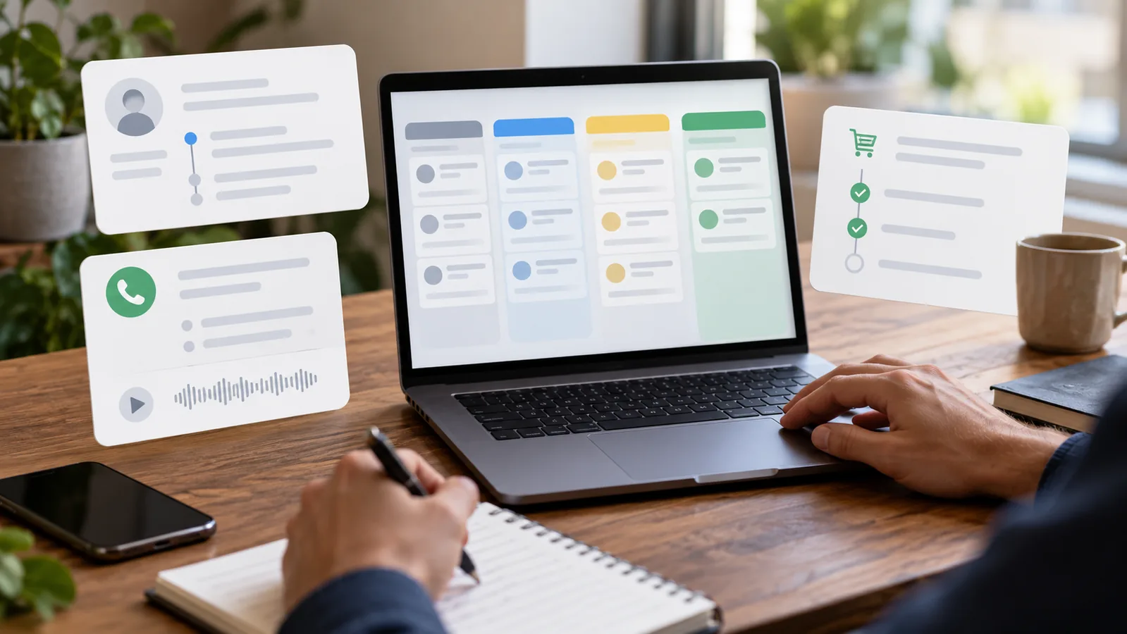 Специалист проверяет этапы CRM, звонки и статусы сделок как офлайн-конверсии